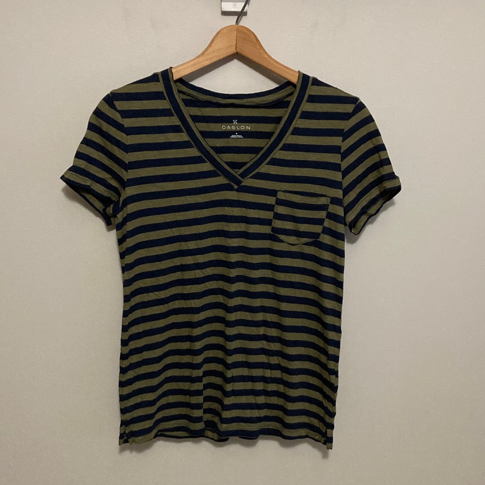 Caslon Olive and Black Striped Top, Women’s size medium v-neck tee short sleeve